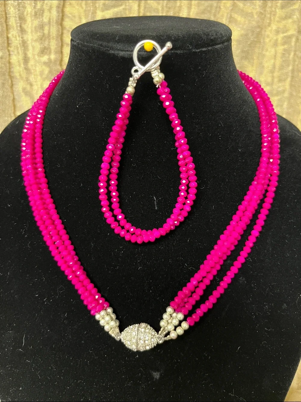 3-Strand Hot Pink Beaded Necklace with Matching Bracelet - Unbranded